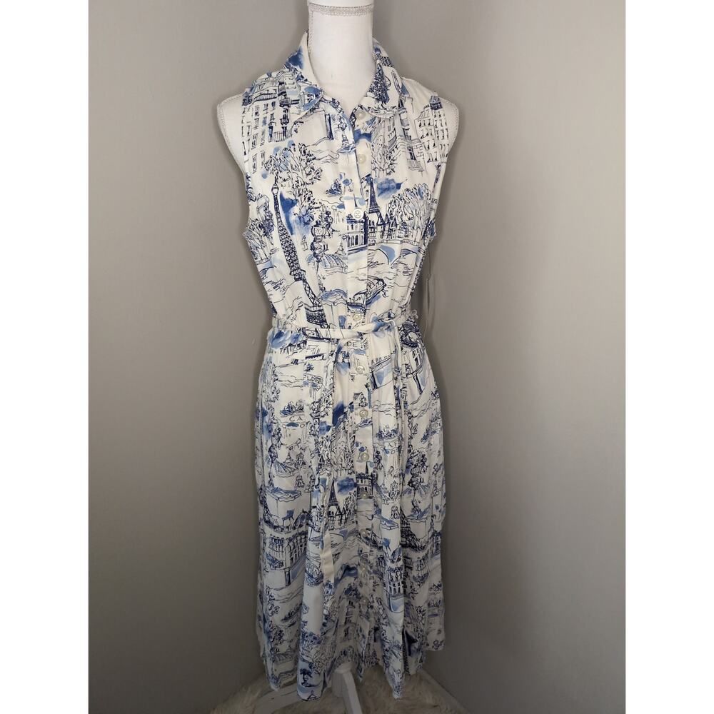 Chetta B White and Blue Printed Paris Sleeveless Dress